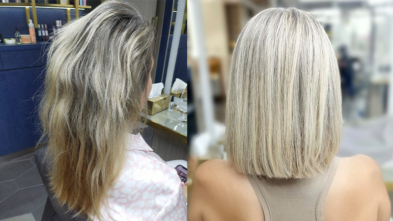 在Glow水疗中心和沙龙着色治疗-之前和之后的头发照片